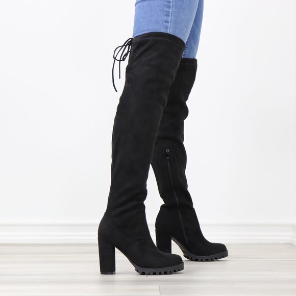 Black Faux Suede Round Toe Thigh High Over The Knee Block Lug High Heel Boots - Picture 5 of 13